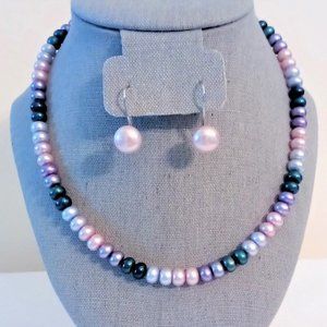 HONORA Cultured Pearl Necklace in Shades of Blue (18") with Earrings